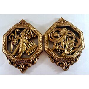 Vintage Syroco Wall Decor Gold Plastic Musical Instruments Harp Flutes 1976